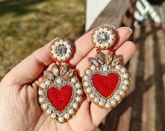 HandmadeHimalaya Red Beaded Earrings Valentine s Day Earrings Statement Beaded Earrings Seed Bead Earrings Red Gold Heart Beaded Earrings Gift for Her