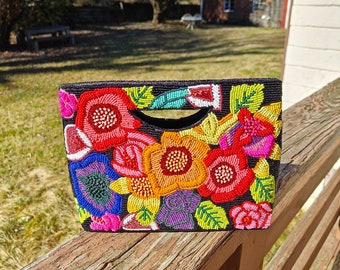 Double Side Beaded, Flower Beaded Purse, Beaded Clutch Purse, Beaded Purse Bag, Floral Beaded Clutch, Beaded Evening Bag, Black Beaded Purse