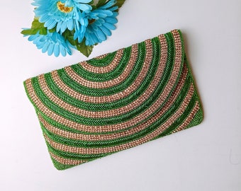 Green Beaded Clutch, Beaded Clutch, Beaded Purse, Party Clutch Purse, Evening Purse Bag, Beaded Bag, Party Bag, Green Beaded Bag