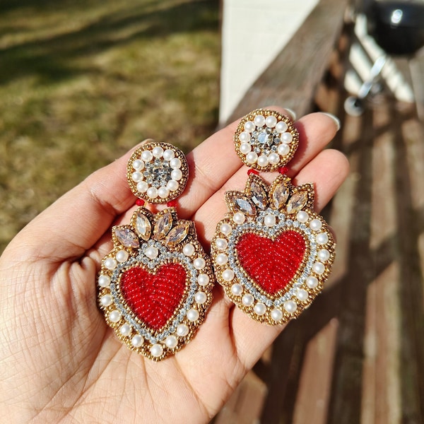 Red Beaded Earrings, Valentines Day Earrings, Red Heart Beaded Earrings, Seed Bead Earrings Red, Red Heart Love Earrings, Red Love Earrings
