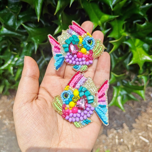 Colorful Fish Beaded Earrings, Fish Bead Studs, Boho Jewelry, Party Earrings, Seed Bead Earrings, Felt Back Earrings, Pink Blue Earring