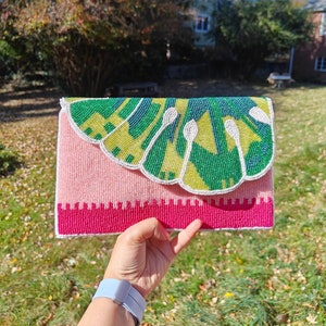 Pink Green Leaf Beaded Clutch, Beaded Clutch Purse, Beaded Purse, Party Purse, Evening Beaded Purse, Seed Bead Purse, Tropical Leaf Purse