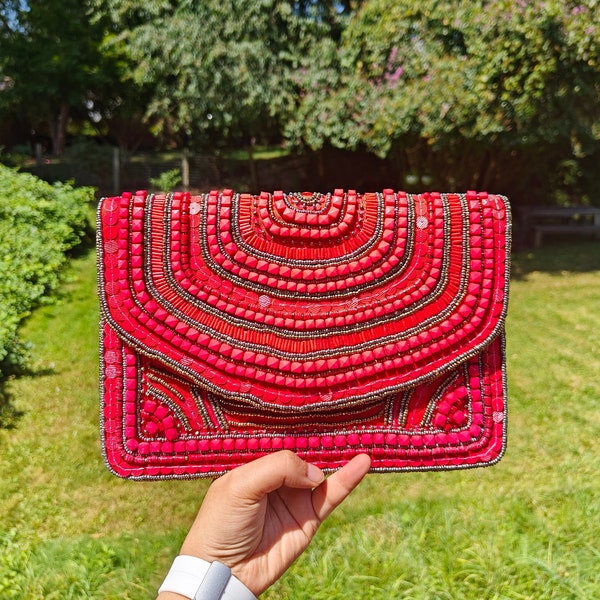 Red Beaded Purse, Red Beaded Clutch, Embroidered Clutch, Party Purse, Evening Purse, Red Purse, Red Evening Bag, Red Party Purse