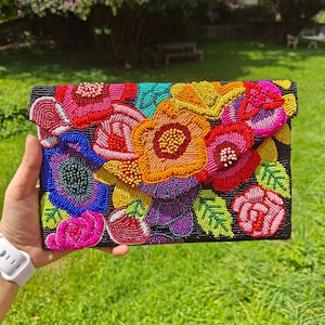 Double Side Beaded, Flower Beaded Purse, Beaded Clutch Purse, Beaded Purse Bag, Floral Beaded Clutch, Beaded Evening Bag, Black Beaded Purse