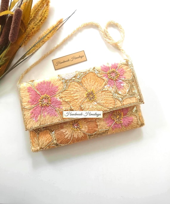 Blush Pink Floral Bridal Clutch | Champagne Gold Wedding Evening Purse