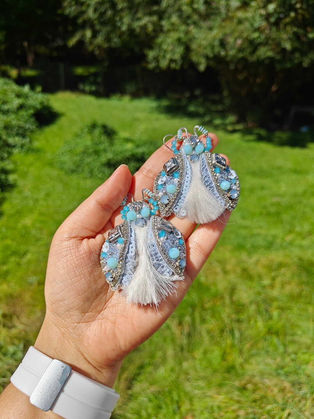 Blue Beetle Earrings, Blue Beaded Earrings, Embroidery Earrings, Beaded