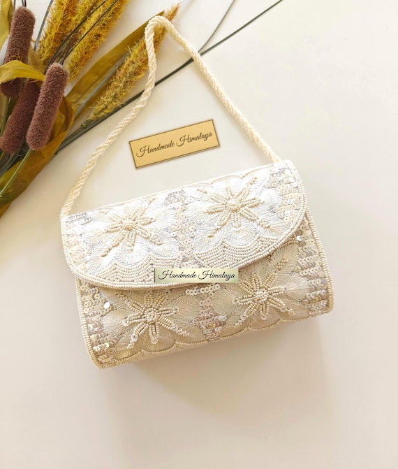 Ivory Beaded Bridal Clutch, Bridesmaid Sequin Wedding Purse, Floral Evening Bag