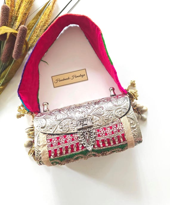 Vintage Silver Brass Clutch, Indian Banjara Embroidered Tribal Banjara Purse, Wedding Statement Bag,