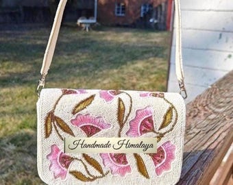 Pink Floral Beaded Bag | Ivory Wedding Bridal Purse