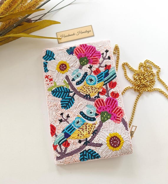 Pink Beaded Bird Clutch Crossbody Mobile CellPhone Purse