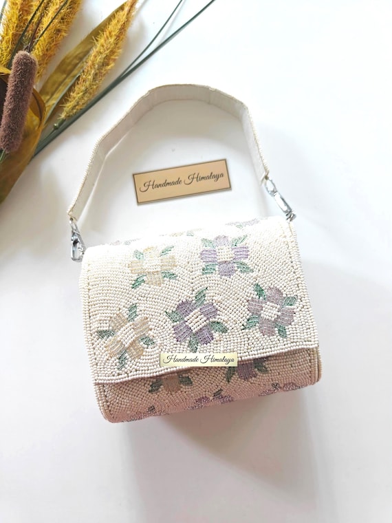 Mini Beaded Bridal Purse, Floral Wedding Guest Bag, Ivory Lilac Evening Handbag