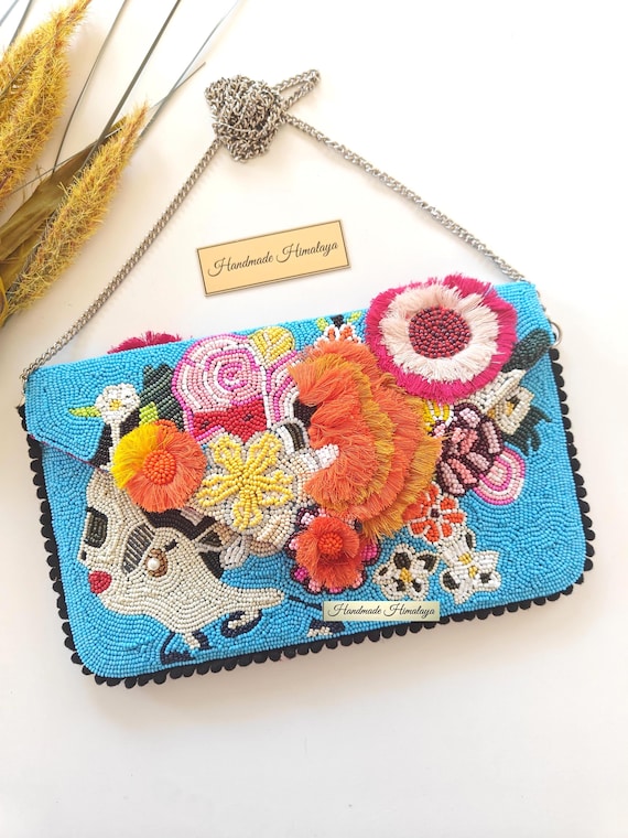 Colorful Beaded Floral Clutch Bag, Frida Inspired Mexican Beaded Purse, Handmade Statement Shoulder Bag, Boho Festival Handbag