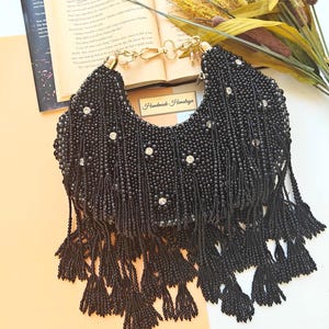 Black Pearl Beaded Handbag | Crescent Fringe Beaded Purse | Crystal Wedding Guest Clutch
