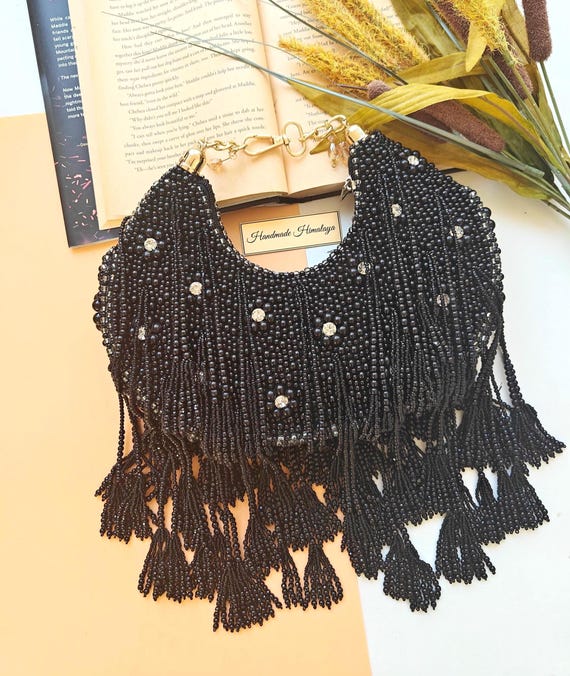 Crescent Fringe Beaded Handbag | Black White Pearl Clutch | Crystal Wedding Guest Purse