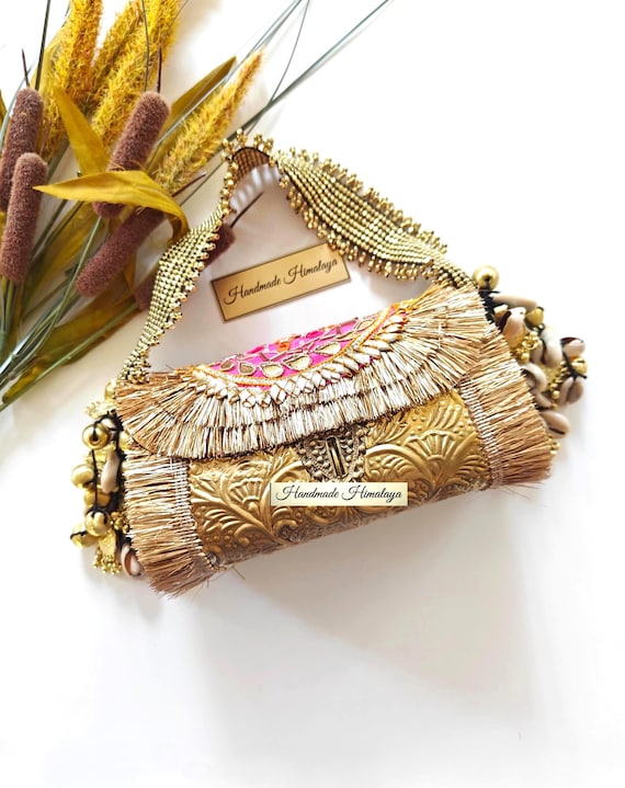 Vintage Floral Gold Brass Crossbody Clutch, Boho Ethnic Indian Kuchi Statement Bag