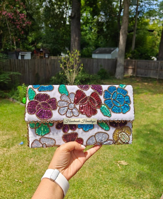 Floral Sequin Clutch, Colorful Beaded Purse, Party Evening Clutch, Beaded Bag, Wedding Clutch, Gift for Her, Multicolor Embroidered Purse