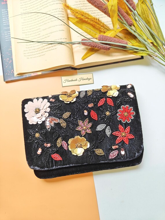 Black Clutch, Sequin Floral Beaded Purse, Black Velvet Clutch, Evening Bag, Crossbody Purse, Gift for Her, Floral Beaded Bag, Formal Purse