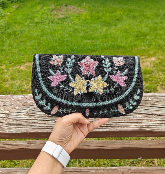 Black Clutch, Pastel Flower Purse, Crossbody Bag, Black Bead Bag, Party Evening Bag, Seed Bead Purse, Black Bridal Purse, Floral Handbags