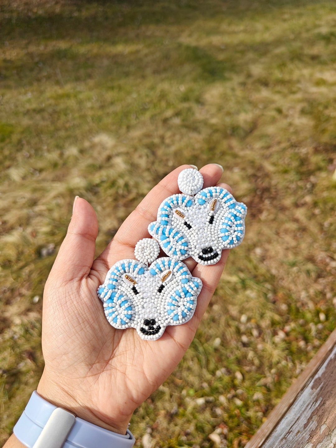 Blue Ram Head Beaded Earrings, Ram Beaded Earrings, Carolina Blue