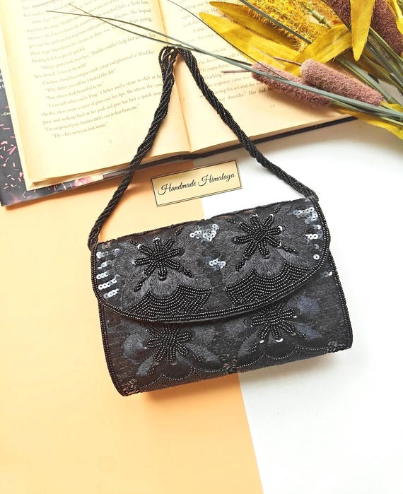 Black Beaded Floral Clutch | Gothic Wedding Sequin Flower Evening Bag | Formal Gala Midnight Handbag