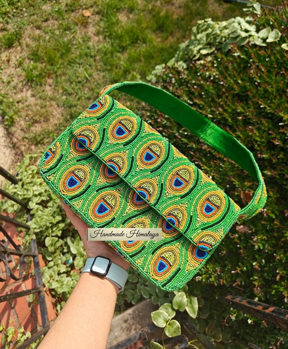 Peacock Beaded Bag | Green Bridal Wedding Shoulder Purse