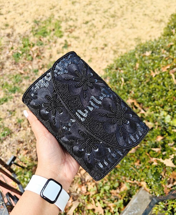 Black Beaded Clutch Purse | Handmade Floral Seed Bead Evening Bag | Wedding Guest Clutch | Bridal Party Handbag | Formal Party Purse