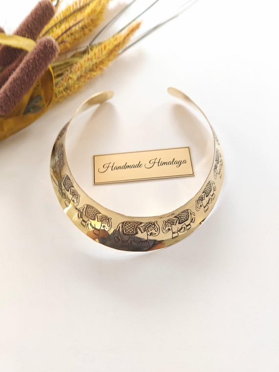 Elephant Hasli Brass Collar Choker | Wide Gold Tribal Necklace | Ethnic  Boho Festival  Torque