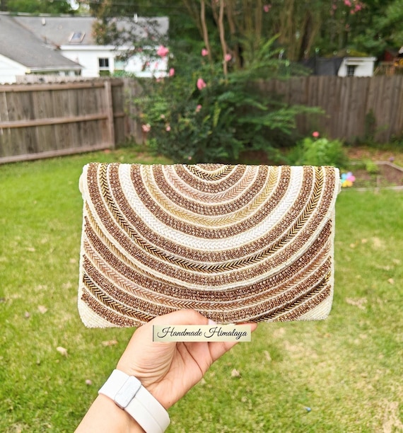 Gold White Clutch, Rhinestone Purse, Beaded Clutch, Brown Gold Purse, Crossbody Bag, Party Clutch, Evening Bag, Prom Purse, Ivory Flap Bag