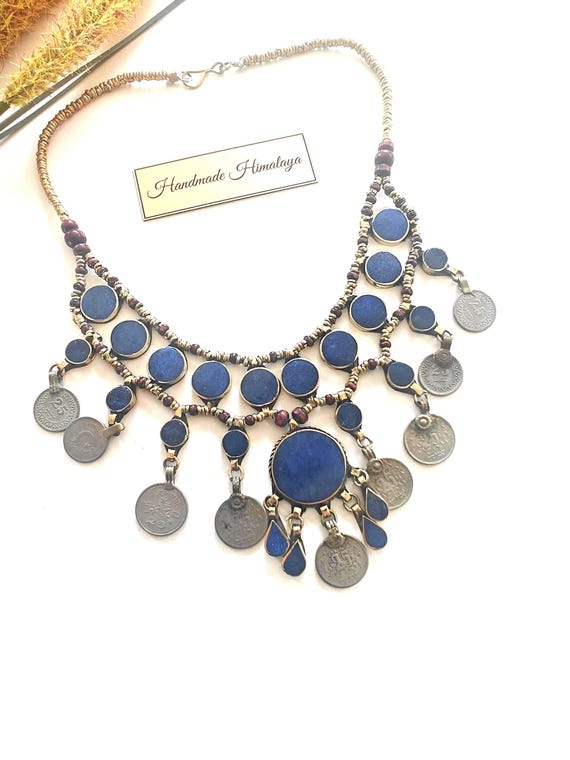 Vintage Afghan Lapis Lazuli Necklace | Bridal Tribal Statement Jewelry
