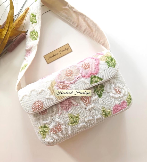 Pink Floral Beaded Bag | White Embroidered Bridal Wedding Purse