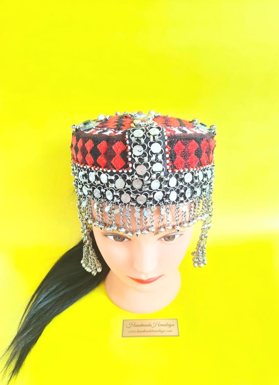 Afghan Halima Sultan Woman Hat Cap Red Embroidered Belly Dance Headwear Metal Fringes