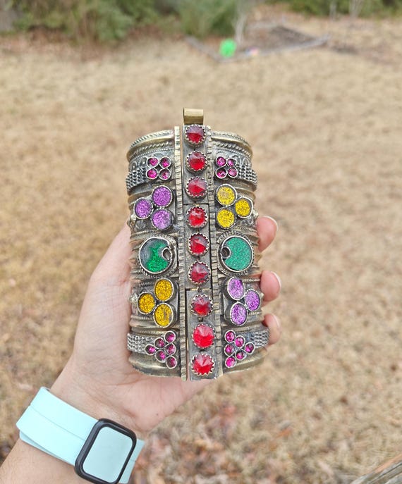 Vintage Afghan Kuchi Tribal Cuff Bracelet Multicolor Glass Antique Silver Boho Ethnic Jewelry