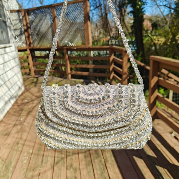 Silver Beaded Clutch, Silver Party Purse, Beaded Clutch Purse, Beaded Purse, Party Clutch Purse, Beaded Bag, Party Bag, Evening Purse Silver