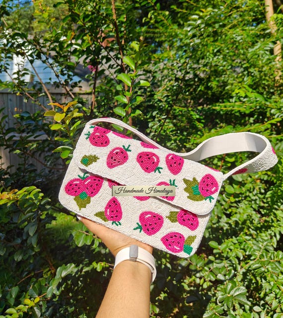 Strawberry Beaded Bag, White Beaded Bag, Beaded Purse, Fruit Handbag, Strawberry Purse, Party Evening Bag, Handmade Himalaya
