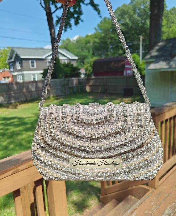 Silver Clutch, Silver Evening Bag, Beaded Clutch, Gift for Her, Glam Clutch, Party Purse, Crystal Beaded Bag, Crossbody Bag, Shoulder Purse