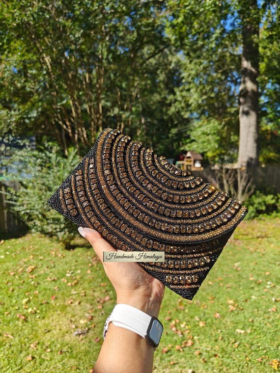 Beaded Evening Clutch: Black Gold Rhinestone Crossbody Bag