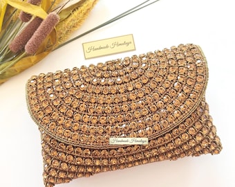 Antique Gold Bronze Evening Bag | Wedding Crystal Clutch