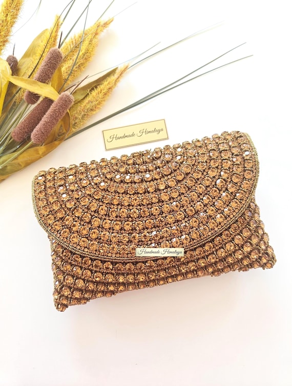Antique Gold Bronze Evening Bag | Wedding Crystal Clutch