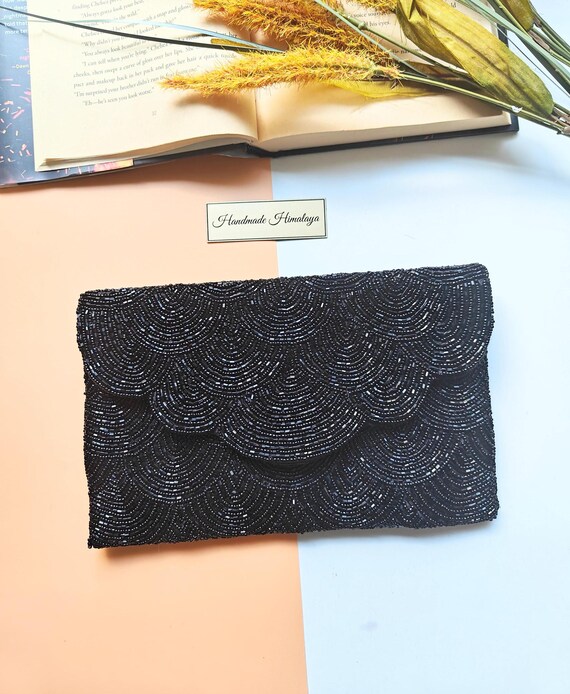 Black Beaded Clutch, Scalloped Beaded Purse, Crossbody Sling Handbag, Party Evening Bag, Gift for Her