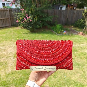 Red Beaded Clutch |  Ruby Crystal  Evening Bag | Rhinestone Prom Gala Purse