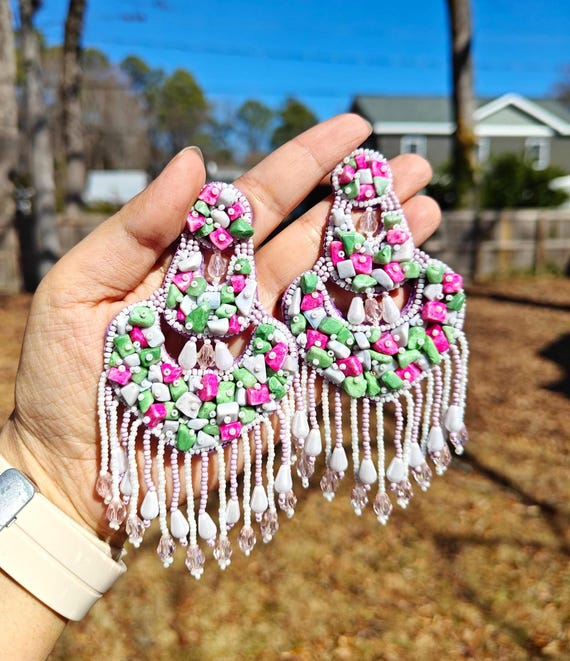 Pink Green Beaded Earrings | Statement Fringe Chandelier Jewelry