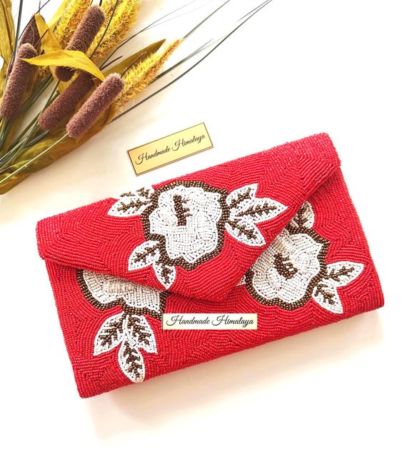 Red Beaded Envelope Clutch | White Rose Floral Crossbody Bag
