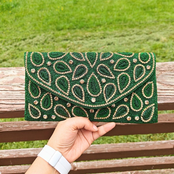 Green Beaded Clutch, RhineStone Seed Beaded Bag, Beaded Handbag Shoulder, Gift for Her, Nikah Wedding Clutch, Party Evening Purse Bag Green
