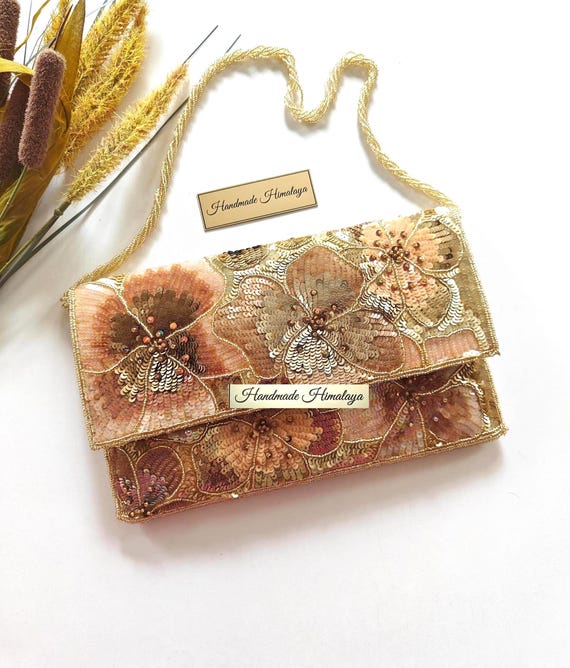 Gold Floral Beaded Clutch | Blush Bridal Wedding Purse