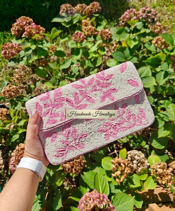 Pink Floral Beaded Bag Bridal Party Purse Summer Handbags Leaves