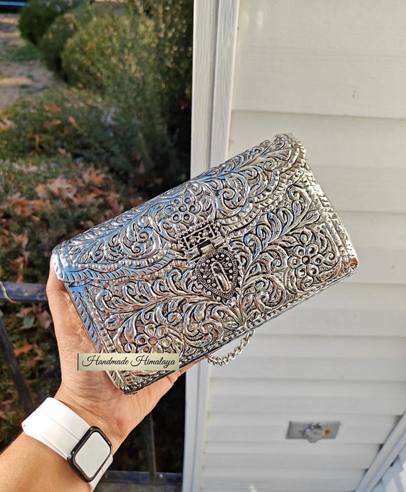 Silver Brass Clutch: Floral Engraved Indian Wedding Metal Bag Purse Crossbody
