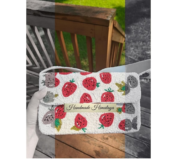 Strawberry Beaded Shoulder Bag, White Beaded Bag, Beaded Purse, Fruit Handbag, Strawberry Purse, Party Evening Bag, Handmade Himalaya