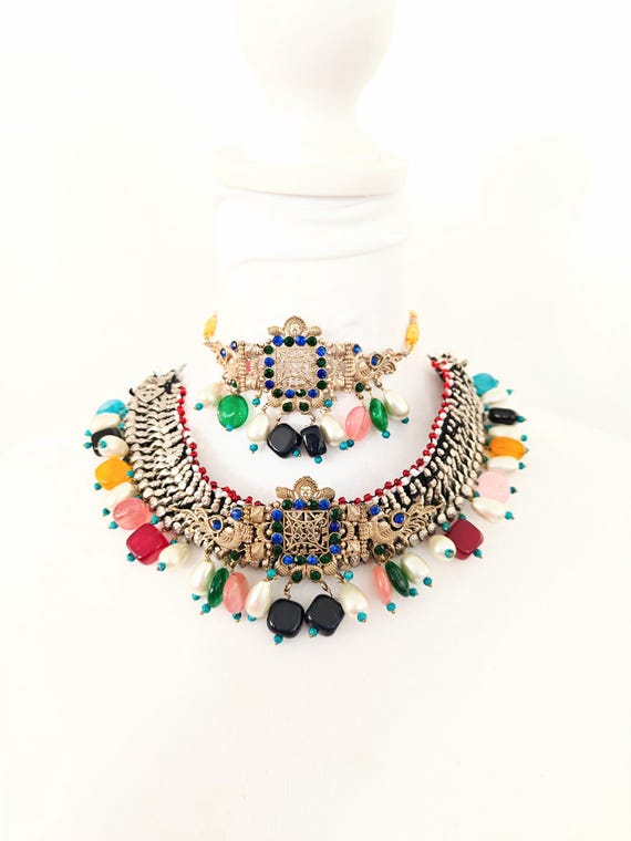 Vintage Afghan Jewelry Kuchi Necklace Peacock Pendant Choker Pakistani Jewelry