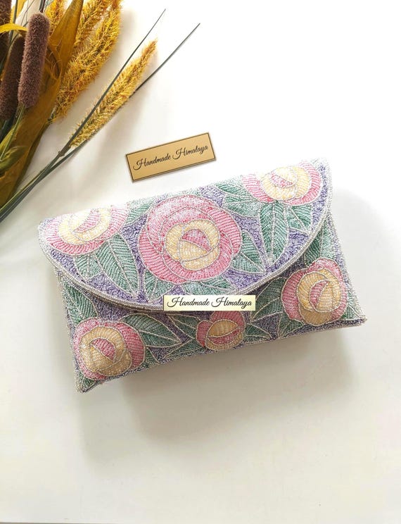 Beaded Clutch Purse | Pastel Floral Rose Wedding Purse