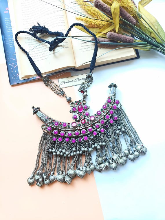 Vintage Huge Pendant Torc Afghan Kuchi Necklace with Tribal Metal Bells and Pink Stone